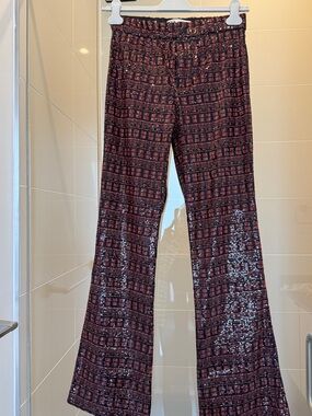 Zara Black and Burgundy Patterned sequins Boot Cut Pants